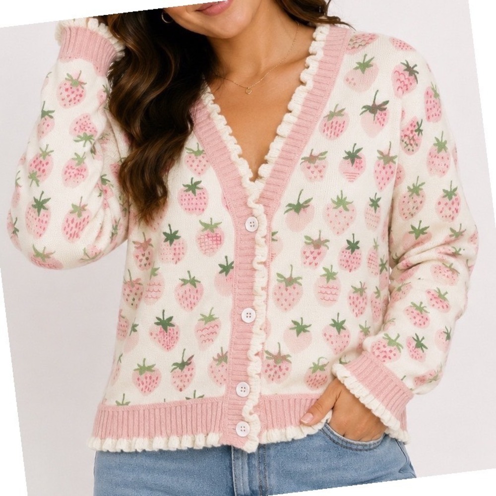 Womens Strawberry Print Ruffle Trim Knit Cardigan Pink Cream V-Neck Button Up - Picture 1 of 11